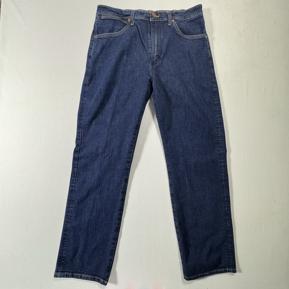 Wrangler Men's Straight Leg Dark Wash Denim Jeans 33x32 W-Stitch Leather Patch